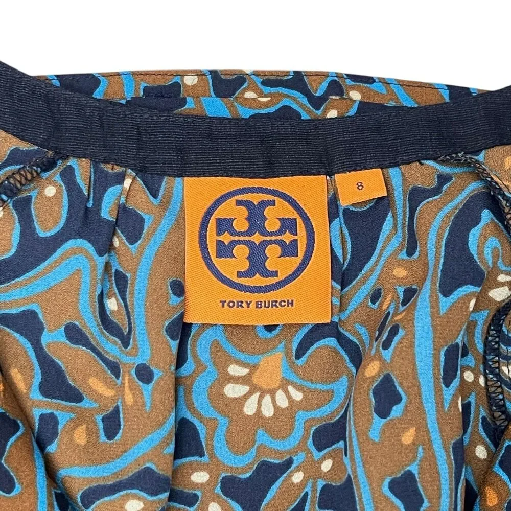 Tory Burch Silk Tunic Shift Dress Size 8 Blue Brown Paisley Print Long Sleeve